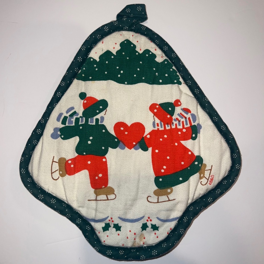 C&D‎ Potholder OS Green Ice Skaters Heart Quilted Vintage